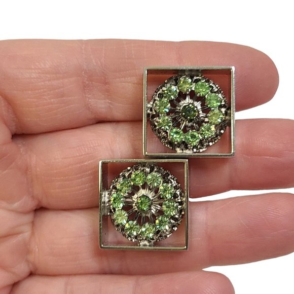 Stunning Vintage Cufflinks And Tie Pin Green Rhinestone Silvertone Alstein‎ Box - Picture 3 of 16